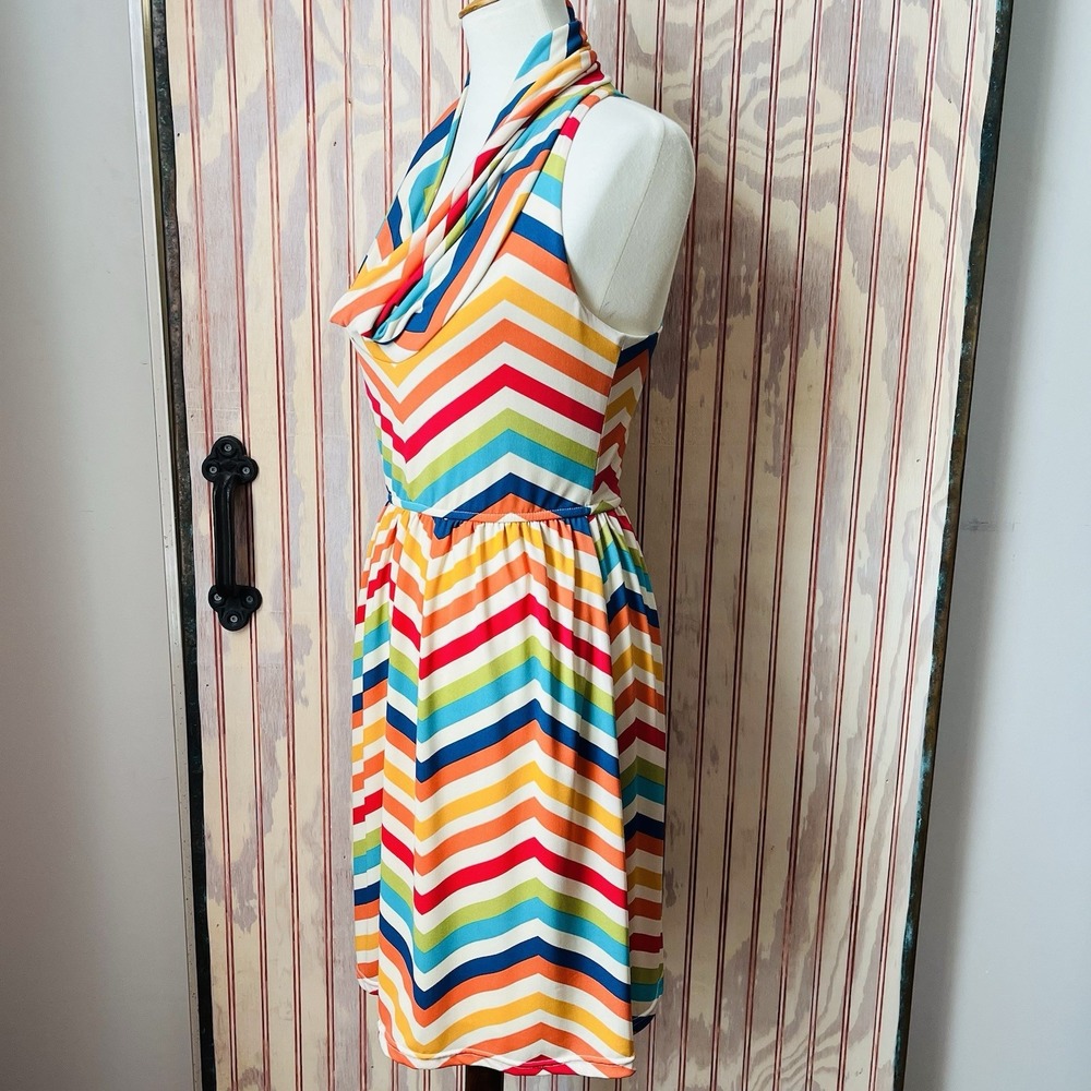 Judith March Rainbow Chevron Stripe Cowl Neck Racer Back 70's Disco Dress Size L - Picture 4 of 9